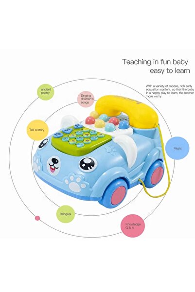 ByCaretta Müzikli Işıklı Ipli Çekmeli Arabalı Neşeli Oyuncak Telefon Mavi