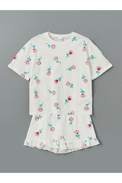 LC Waikiki New Season Crew Neck Floral Girls' Shorts Pajama Set - S5Fl08Z4