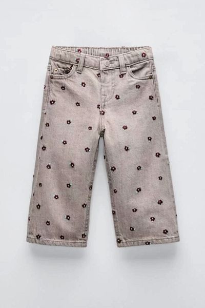 Kidmark Çocuk Modası Girl's Gray Denim Pants with Flower Detail