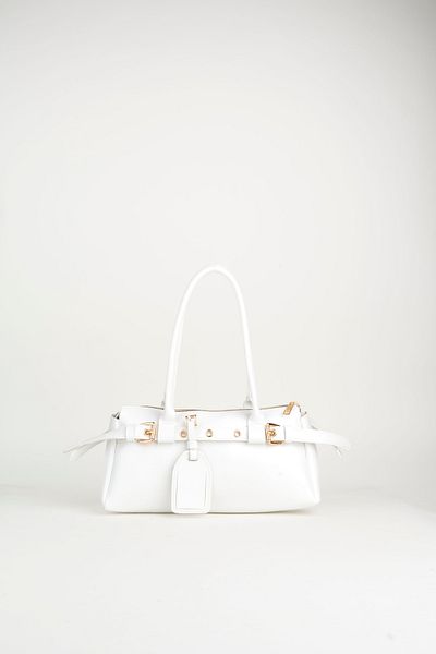 Vivaq Women's White Broken Shiny Faux Leather Baguette Design Belted Zipper Closure Handbag