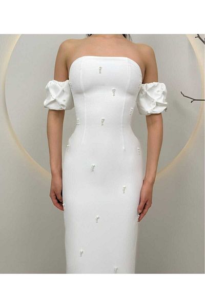 MODA DURAĞI Stone Detailed Pearl Atlas Dress 2051