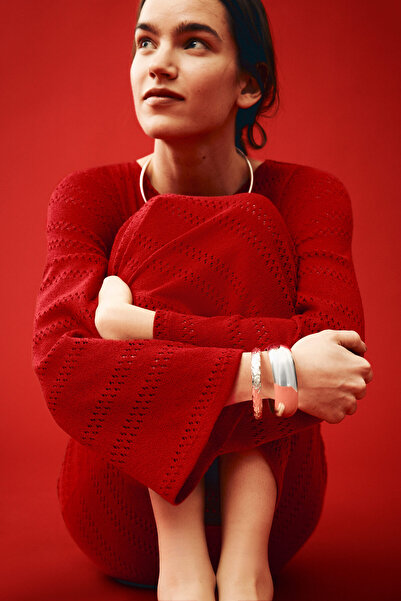 H&M Bağcık Detaylı ve Delik Desenli Triko Elbise