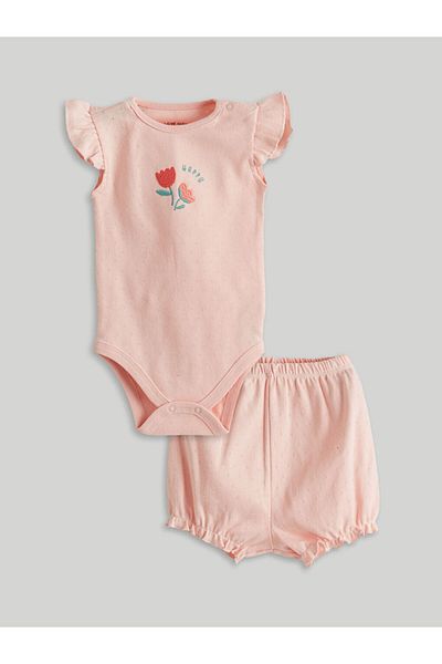 LC Waikiki Pink Floral Cotton Baby Girl Bodysuit and Shorts 2-Piece Set