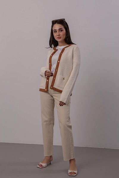 FACETTE Women's Ecru Suede Piping Detailed Cardigan