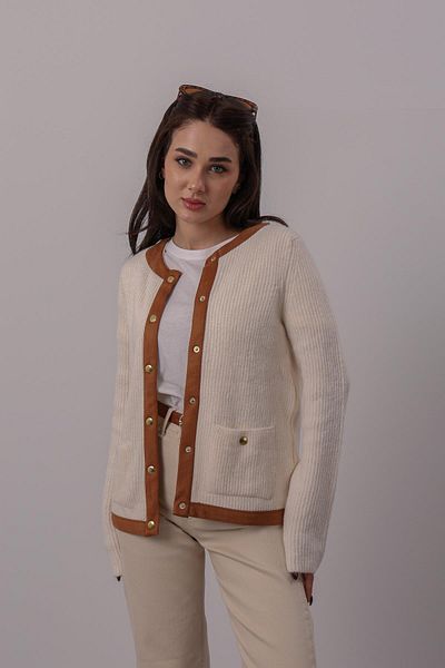 FACETTE Women's Ecru Suede Piping Detailed Cardigan