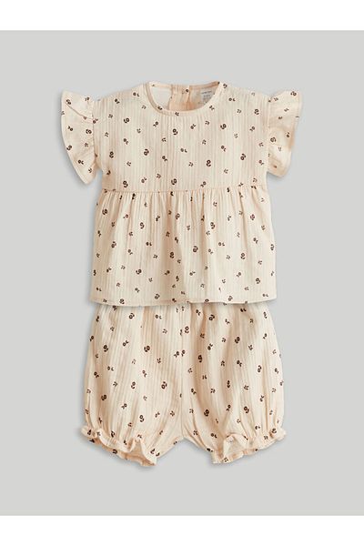 LC Waikiki Beige Floral Muslin Baby Girl Blouse and Shorts 2-Piece