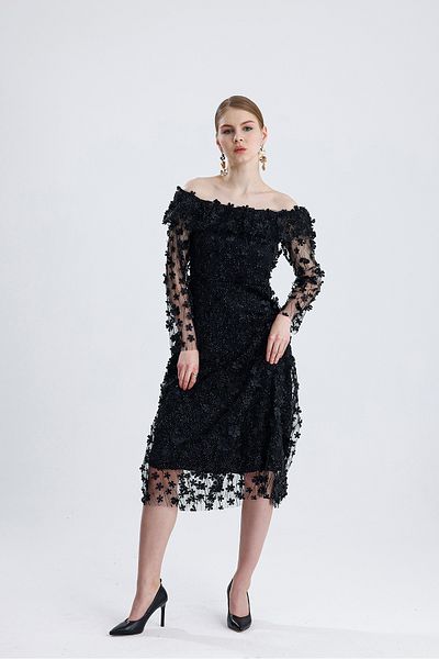 ADASTYLE Φόρεμα με τρισδιάστατο λουλούδι, βραδινό φόρεμα με γιακά Degaje