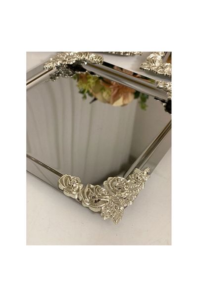MGEStore Silver Square Floral 6 Pieces 21X21 Taasede Service Presentation Tray