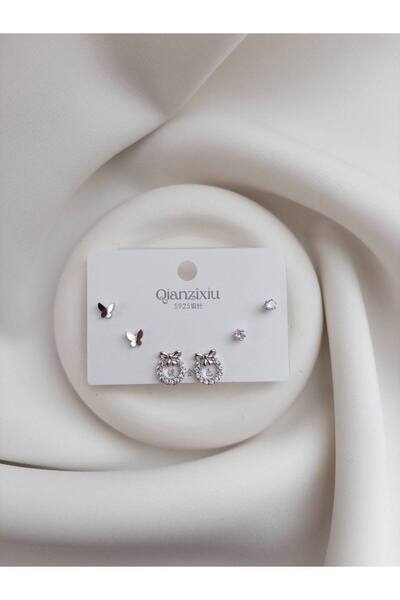 Minne Jewelry-Accessory Çiçekli Kelebekli Üçlü Küpe - Gümüş Renk Üçlü Küpe - Çiçekli Kelebekli Üçlü Küpe