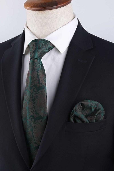 Kravatkolik Classic Tie with Green Paisley Pattern Handkerchief Kk13126