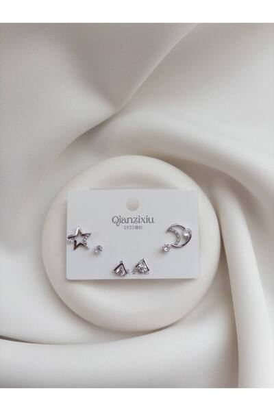 Minne Jewelry-Accessory Gümüş Renk Üçlü Küpe - Ay Yıldızlı Üçlü Küpe - Gümüş Renk Üçlü Küpe