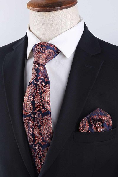 Kravatkolik Navy Blue - Classic Tie with Orange Paisley Pattern Handkerchief Kk13128