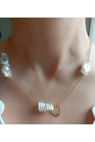 TREND Amorphous Artificial Pearl & Stainless Steel Chain Heart Detailed Modern Design Necklace