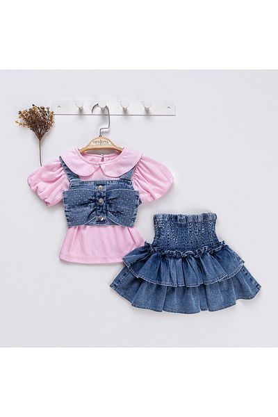 Pasur Bebe Baby Girl Ruffled Denim Skirt and T-Shirt with Removable Vest 3-Piece Set