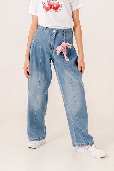 GİYİCEM TEKSTİL Pantaloni din denim plisați lateral pentru fete 2194
