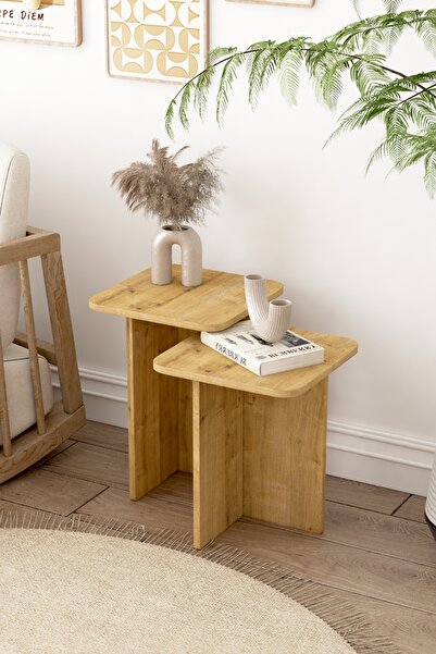 Bounteous Kare Zigon Sehpa Takımı, 2 li Set, Yan Sehpa - Traverten Desen