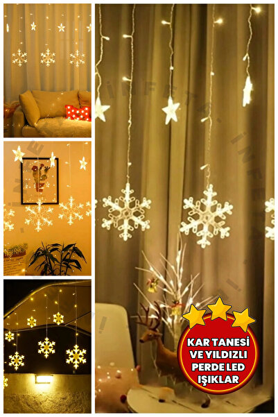 İnfeta Kar Tanesi Ve Yıldızlı Perde Led Işıklar Yılbaşı Animasyonlu Organizasyon Süsleme Fişli