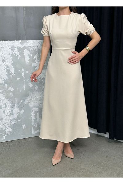 maf collection Rochie de seară maxi lungă din țesătură creponată cu mâneci pepene verde bej