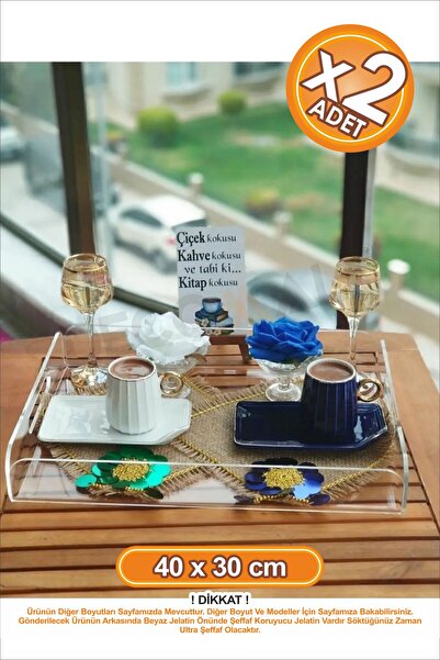 DECOMALL 2'li Şeffaf Dekoratif Sunum Nişan Kahve Pleksi Tepsi 40x30 cm Büyük Boy