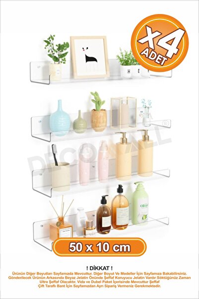 DECOMALL x4 Adet 50 x 10 cm Banyo Duvar Rafı Banyo Düzenleyici Hayalet Şeffaf Raf Duvar Rafı