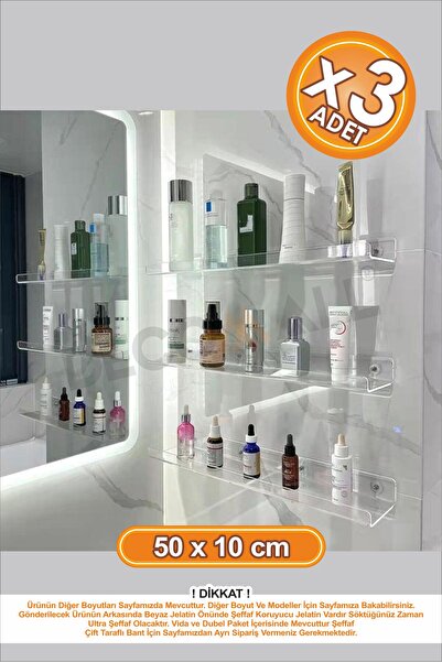 DECOMALL x3 Adet 50 x 10 cm Banyo Duvar Rafı Banyo Düzenleyici Hayalet Şeffaf...