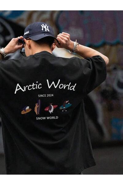 NoVibe Tricou oversize unisex negru cu imprimeu Arctic World, 100% bumbac