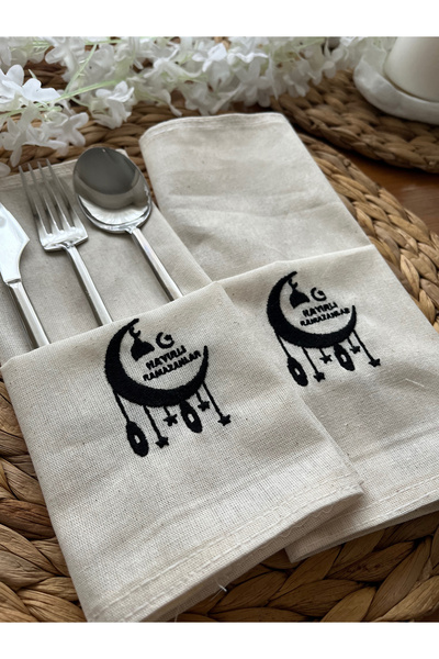 CESTOPİENO 6-панельна серветка з сирого льону з вишитим написом «Хай буде благословенний Рамадан» / Серветка для сервірування столу