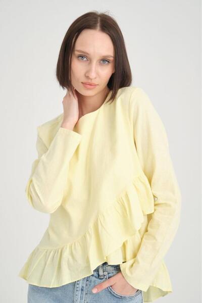 Pasaklı Giyim Women's Beige Ruffle, Long Back Cotton Linen Relaxed Cut Blouse 3571275