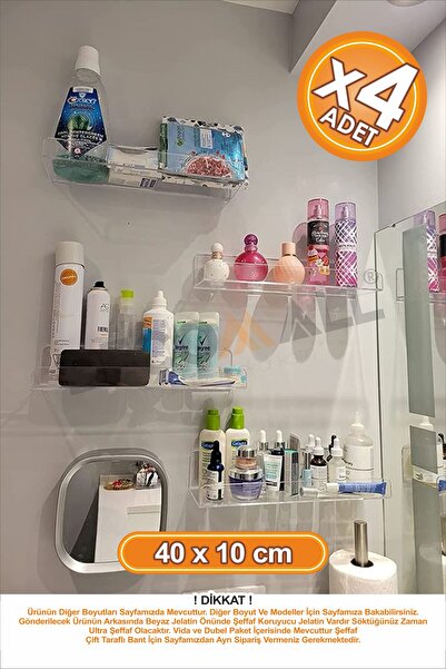 DECOMALL x4 Adet 40 x 10 cm Banyo Duvar Rafı Banyo Düzenleyici Hayalet Şeffaf Raf Duvar Rafı