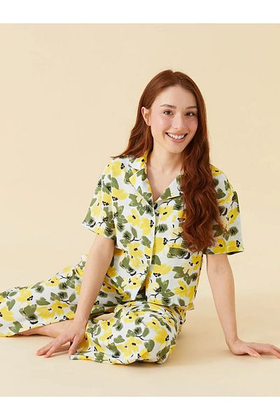 LC Waikiki Set de pijamale pentru femei Blue Petite Guler cu flori