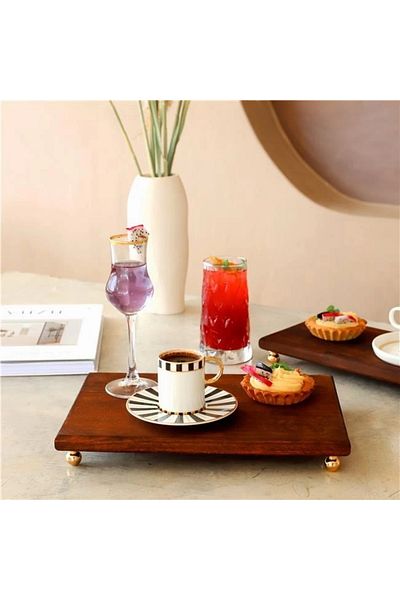 Akayev Wooden 30X19 cm Gold Gold Bead Footed Presentation Plate