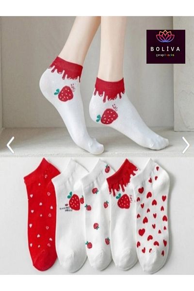 Boliva Çorap Socks Strawberry Patterned Short Booties Socks 5 Pairs