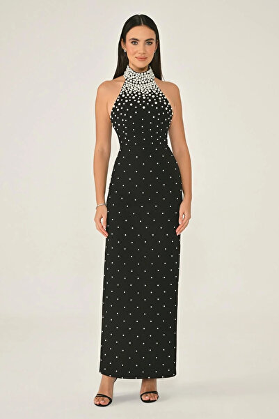 ALFABETA KADIN ABİYE HALTER YAKA İNCİLİ ARKADAN YIRTMAÇLI KREP ELBİSE