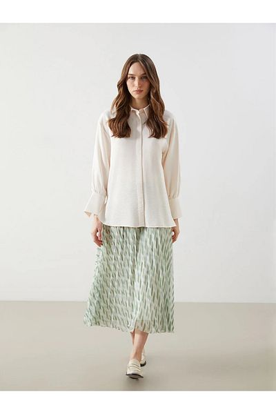 LC Waikiki Lcw Modest Green Elastic Waist Patterned Chiffon Women's Pleated Skirt