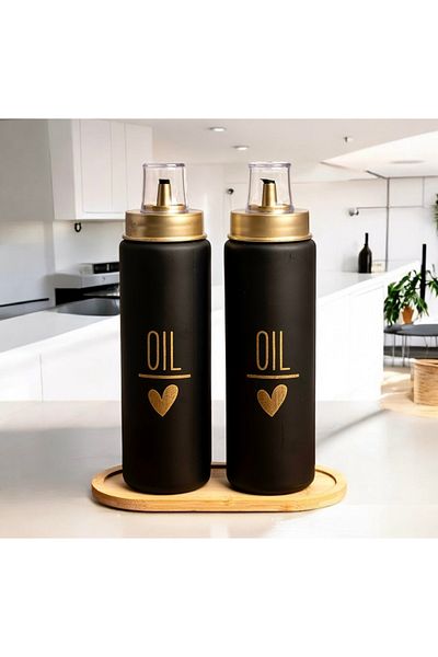 Kitchen Pembelia Black Glass 550 ml Oil Oil Pot Oil Dispenser Set with Bamboo Stand and 2 Sippy Lids