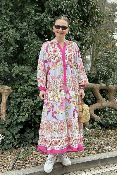 AYASOFYA OTANTIK Rochie largi de damă liliac cu nasturi