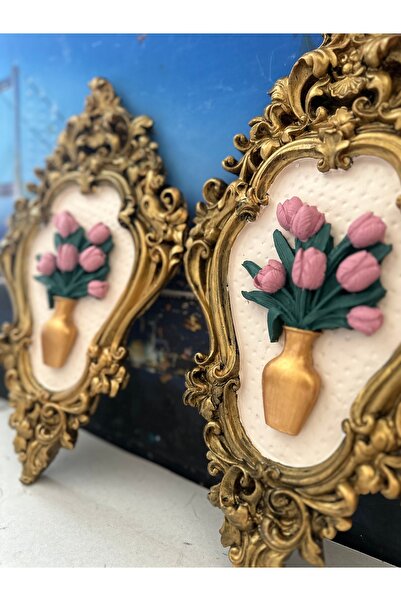 busraconcept Siyah gold eskitme pembe çiçekli tablo 2li modern tasarım el yapımı tablo