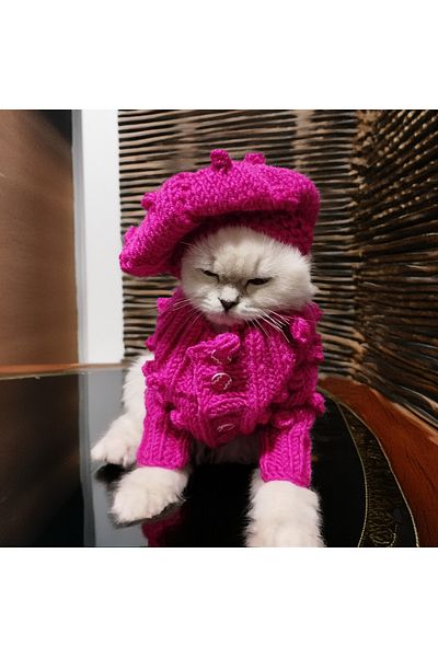 Lady Fify Fuchsia Bonbon Cardigan with Painter Hat for Cat Dog