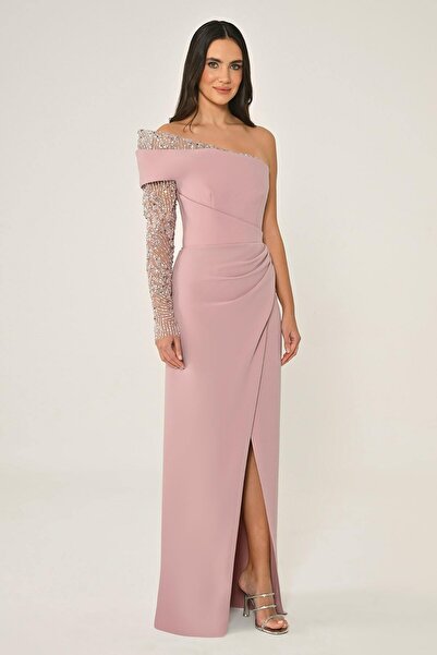 ALFABETA KADIN ABİYE TEK KOLLU TAŞLI  ÖNDEN YIRTMAÇLI KREP UZUN ELBİSE