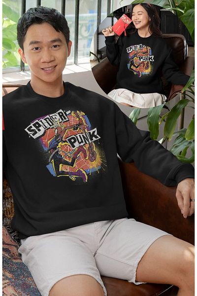 Fuddy Moda Unisex Oversize Spider Punk Printed Hoodless Crew Neck Sweatshirt