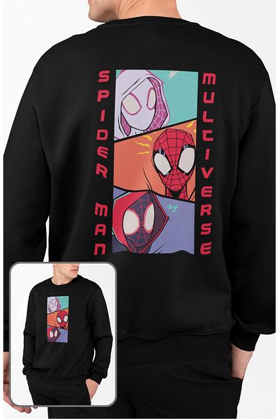 Fuddy Moda Унисекс суитшърт с качулка и кръгло деколте Spider Multiverse с голям размер