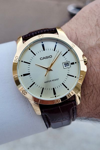 Casio Full Steel Case Leather Band Brown Luxury Wrist Watch