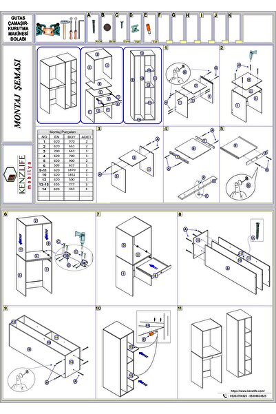 Kenzlife Çamaşır-Kurutma Makinesi Dolabı Gutas Sağ Byz 187*120*60 Çekmeceli Banyo