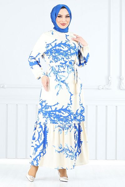 ModaMerve Belted Patterned Viscose Dress 812Ozr1047-M Stone