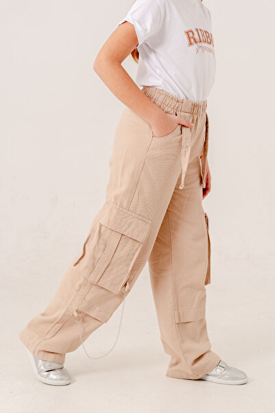 GİYİCEM TEKSTİL Kız Çocuk Zincirli Kargo Keten Pantolon 2569