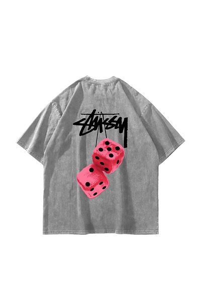 Sekizbiraltı στ. Dice Back Printed Oversize Unisex Washed White Tshirt
