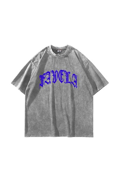 Sekizbiraltı Favela Blue Stone Printed Oversize Unisex Πλενόμενο λευκό μπλουζάκι