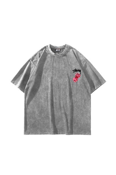 Sekizbiraltı στ. Dice Back Printed Oversize Unisex Washed White Tshirt