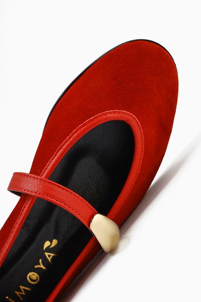 Limoya Genuine Leather Aliana Red Suede Women's Ballerinas with Buckle Detail