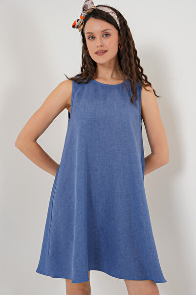 Bigdart 2444 Detaylı Mini Keten Elbise - Mavi